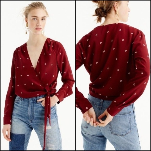 J.Crew Burgundy Silk Wrap Top - Picture 2 of 7